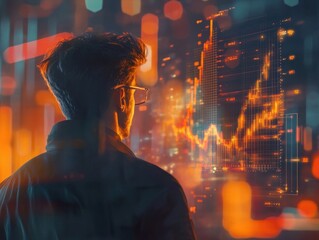 A man is looking at a computer screen with a graph on it. The graph is orange and has a downward trend. The man is wearing glasses and he is focused on the screen