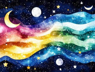 Watercolor Night Sky with Rainbow Waves and Stars