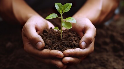 Plant in hands Environment famer hands holding soil outdoor Ecology concept