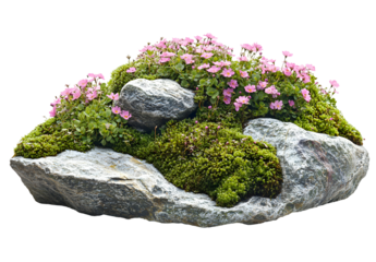 Pink Flowers and Moss Growing on Rocks, Isolated on White Background