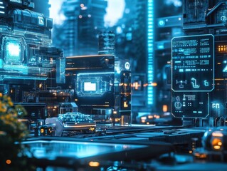 A futuristic cityscape with neon lights and glowing buildings. The city is filled with technology and is bustling with activity