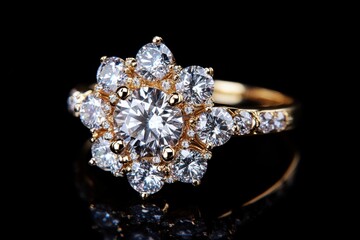 Macro photograph, diamond engagement ring cluster setting gold band sparkling gemstones