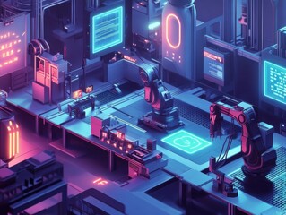 A futuristic industrial setting with neon lights and robots. The robots are scattered throughout the scene, with some standing close to each other and others further apart