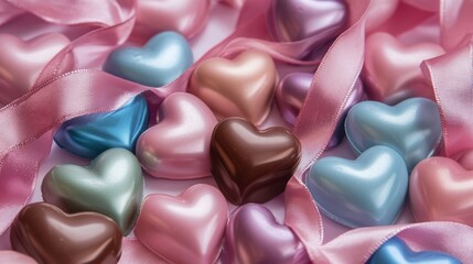 Colorful Heart-Shaped Chocolates with Satin Ribbons Background