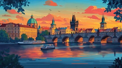 Naklejka premium A painting of a city with a boat on a river. The sky is orange and the water is calm