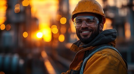 Obraz premium Smiling worker in safety gear at sunset in an industrial setting.
