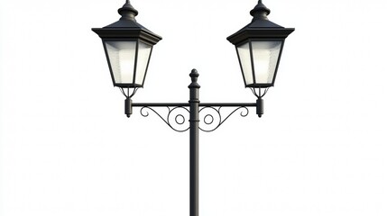 Street lamps in black metal design illuminate a minimalist urban setting at night