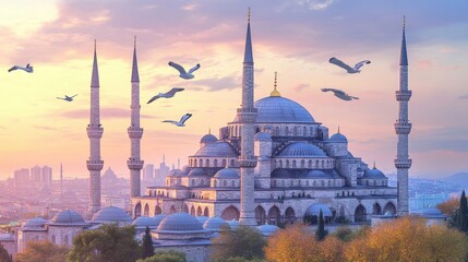 Naklejka premium A large blue building with a dome and a spire. The building is surrounded by trees and birds flying around it