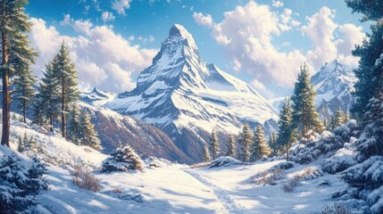 A painting of a snowy mountain with a snow covered tree in the foreground. The painting has a serene and peaceful mood, with the snow-covered mountain and trees creating a sense of calmness