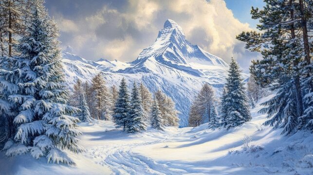 A snowy landscape with a mountain in the background. The trees are bare and covered in snow. The sky is cloudy, and the sun is barely visible