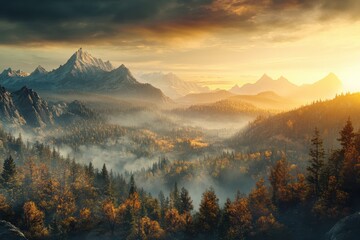 Majestic mountain landscape dramatic peaks misty valleys autumn forest golden foliage