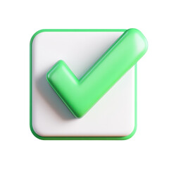 3D Green Check Mark Icon on a White Background for Approval or Success Indicators and Transparent background.