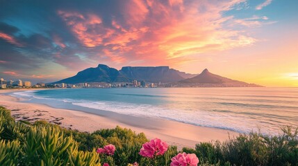 A beautiful sunset over the ocean with a mountain in the background. The sky is filled with pink and orange hues, creating a serene and peaceful atmosphere. The beach is lined with lush greenery
