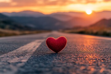 Fototapeta premium red heart on the asphalt of empty road, symbolizing love on Valentine's Day