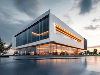 Obraz premium A large building with a lot of windows and a glass facade. The building is surrounded by trees and has a modern design. Scene is calm and serene, with the trees