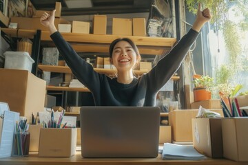 Young Woman in Warehouse Celebrating Online Sale with Tablet Small Business Marketing Success Generative AI