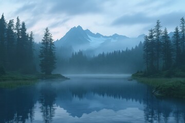 Fototapeta premium Majestic mountain landscape serene alpine lake evergreen forest reflective water surface