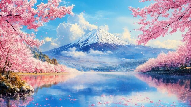 A stunning mountain range with a lake in the foreground, surrounded by trees, and the snow-capped peaks towering in the background. The sky is blue and the sun is shining. The scene is peaceful