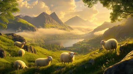 A group of sheep are grazing in a lush green field with a mountain range in the background. The scene is peaceful and serene, with the sheep looking content and relaxed as they graze