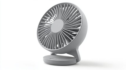 43.Stylish grey mini portable fan featuring a cute, modern design with rounded edges and 100-speed adjustable settings; the fan is lightweight, USB rechargeable, and has a small circular stand,