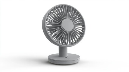 43.Stylish grey mini portable fan featuring a cute, modern design with rounded edges and 100-speed adjustable settings; the fan is lightweight, USB rechargeable, and has a small circular stand,