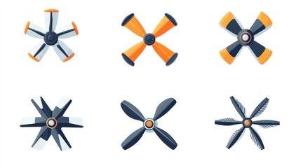 8.Flat-style icon set of fan propellers featuring minimalist designs with round and angular blade shapes, each icon isolated on white, emphasizing clean lines and contemporary aesthetic.