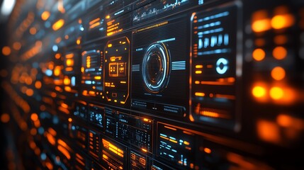 Obraz premium Futuristic control panels with glowing orange interfaces in a digital environment.