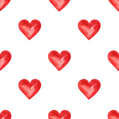 Seamless pattern of red hearts. Pattern for textiles, women's dress and blouse, wrapping paper, packaging, boxes in feminine and romantic style. Watercolor hand-drawn in vintage style.