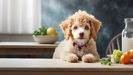 A watercolor painting of a brown poodle puppy sitting at a table with an orange and some berries.