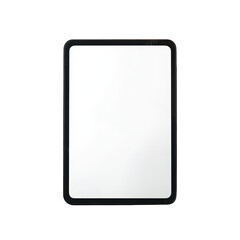 a black tablet with a blank white screen stands upright on a concrete floor against a textured concrete wall