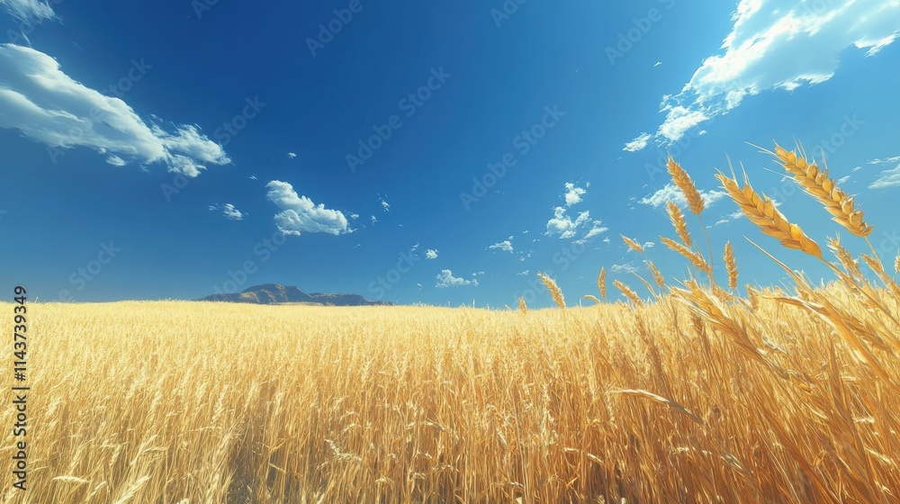 Aufkleber expansive wheat fields under a clear blue sky with gently drifting clouds in the distance