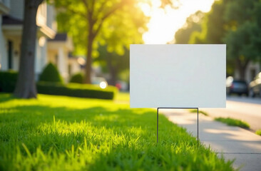 Yard sign mockup in the grass near the walking path on the city street background. Blank yard sign...