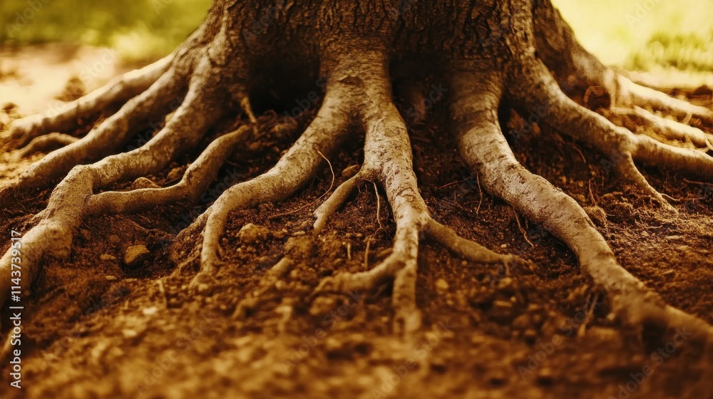 Poster intricate tree roots intertwining with rough texture on forest ground during golden hour sunlight