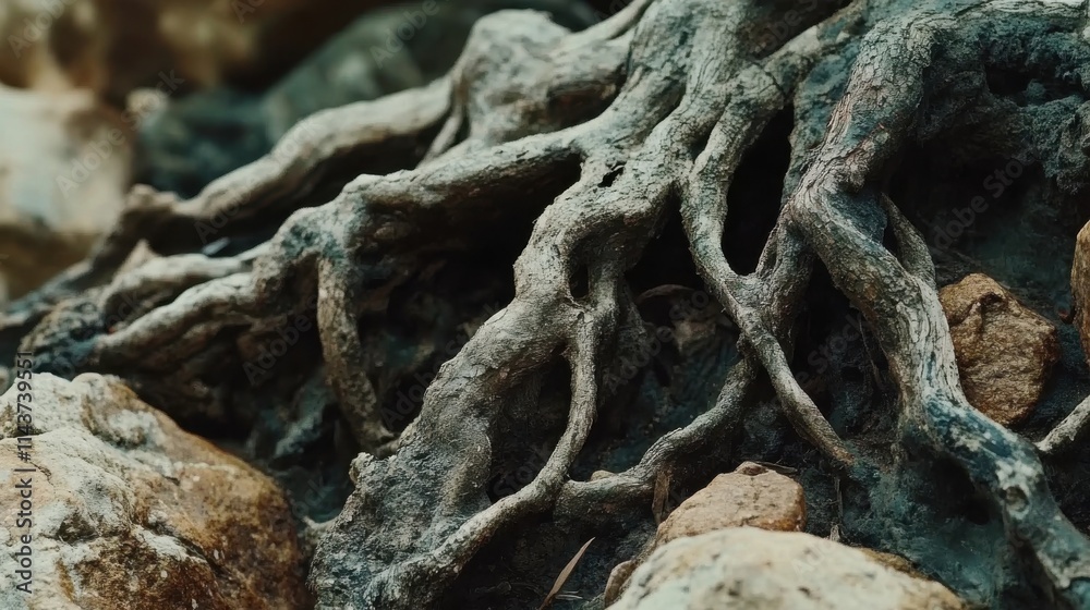 Aufkleber tree roots intertwine with rugged rocks, showcasing nature's resilience in a stunning macro view