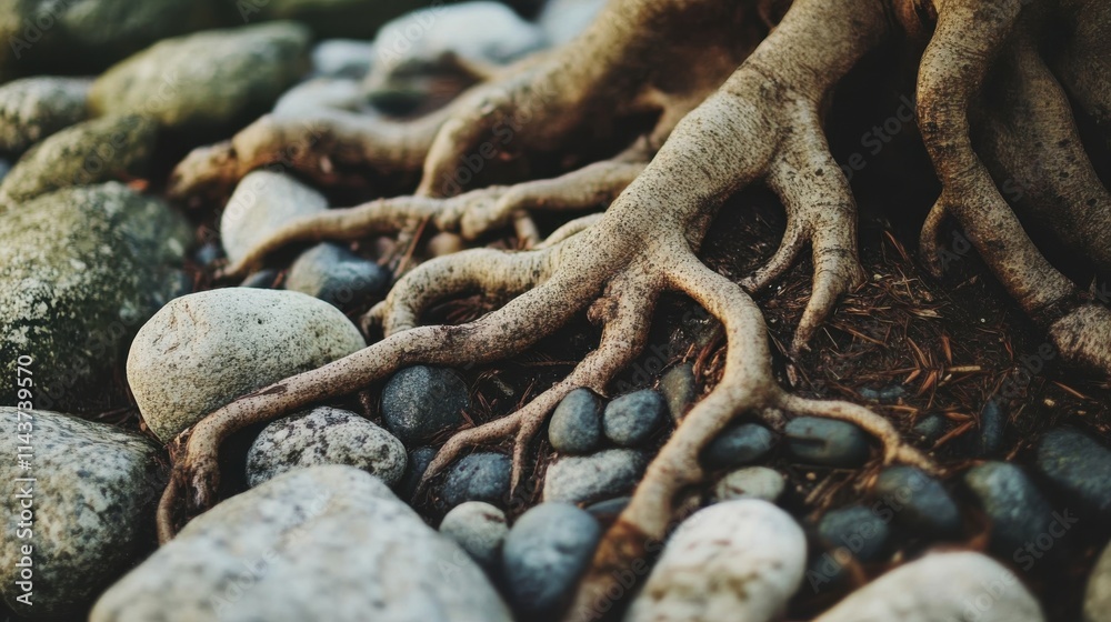 Aufkleber macro view of tree roots intertwining with various rocks under natural light