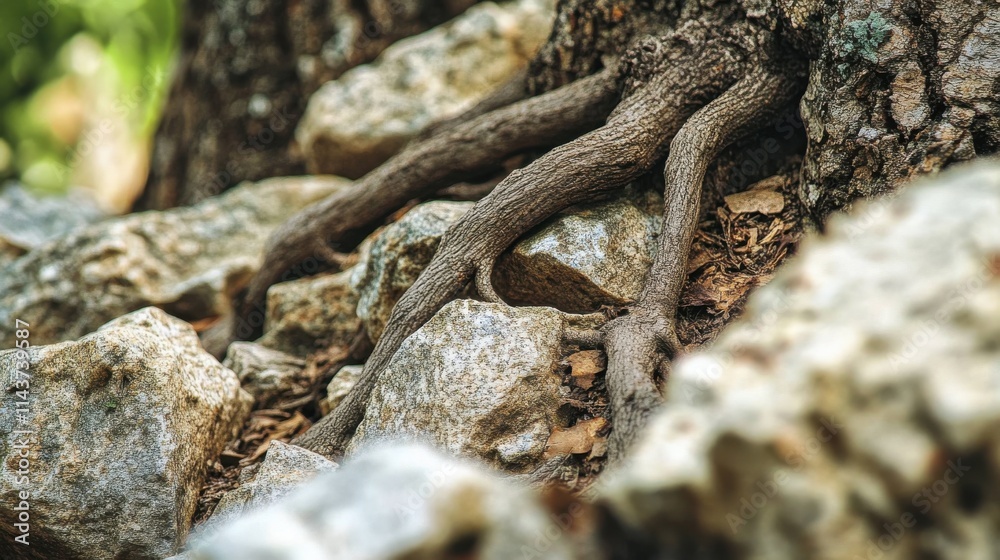 Poster intricate tree roots intertwining with rugged rocks in a serene outdoor setting