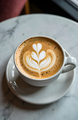 Top view of a cup of cappuccino with foam in the shape of hearts on a marble gray table