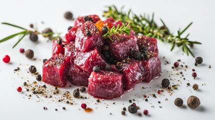 Fresh cuts of beef cubes seasoned with herbs and spices on a clean countertop