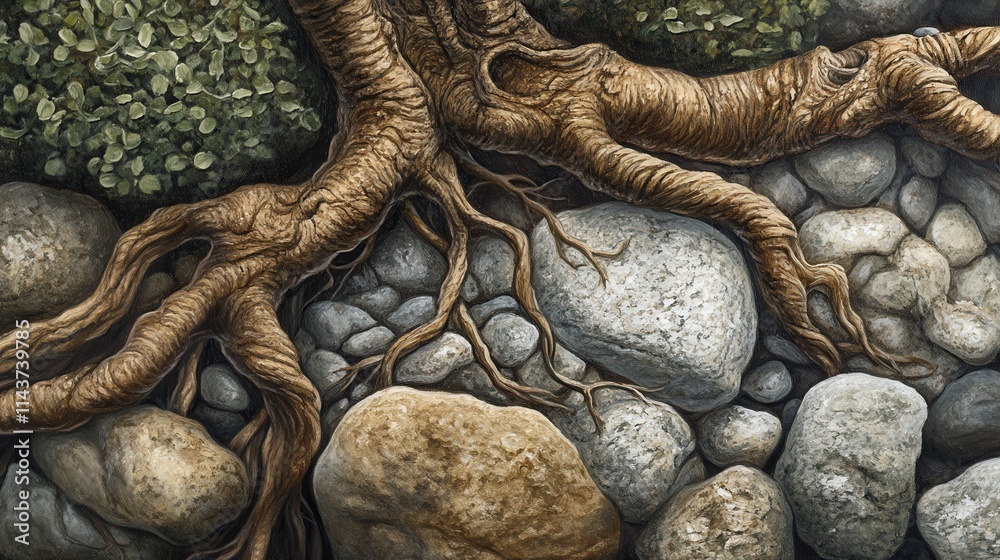 Poster Intricate tree roots intertwining with textured rocks in a natural habitat