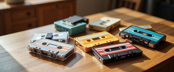 Vintage cassette tapes arranged on a wooden table, capturing the essence of retro music culture