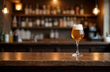 Mockup of empty bar countertop with glass of beer on the blurred background of shelves filled with alcohol bottles