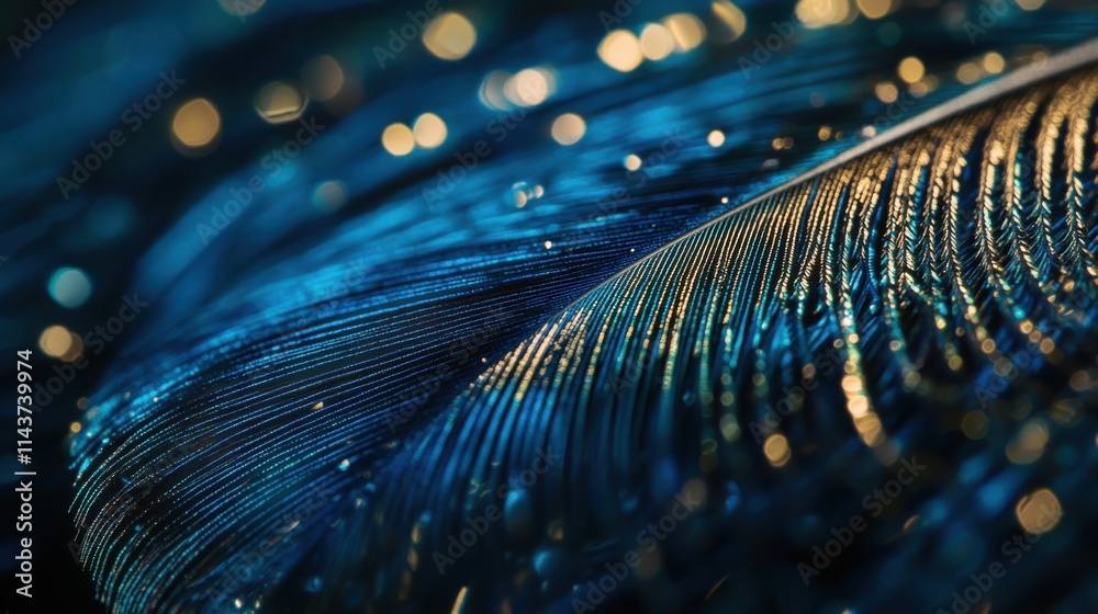 Aufkleber Vibrant macro view of a peacock feather showcasing iridescent colors and intricate patterns under soft lighting