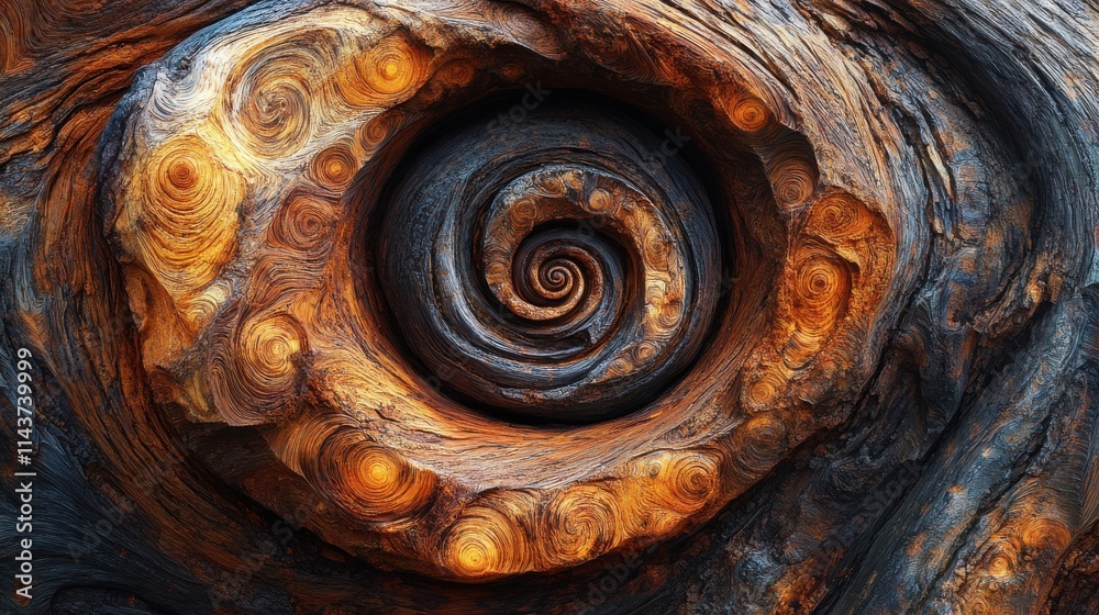 Poster detailed macro exploration of a swirling tree knot showcasing intricate wood patterns and textures