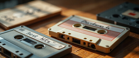 Vintage cassette tapes arranged on a wooden surface highlighting classic music from the past