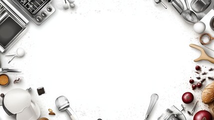 A high-end vector kitchen setup with space on the left side for text, featuring modern appliances, elegant countertops, and culinary tools. Ideal for cooking classes or kitchenware advertisements. 