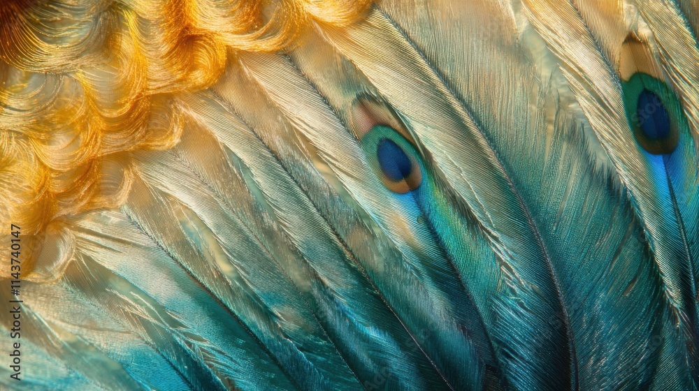 Poster Macro view of a peacock feather showcasing intricate patterns and vibrant colors