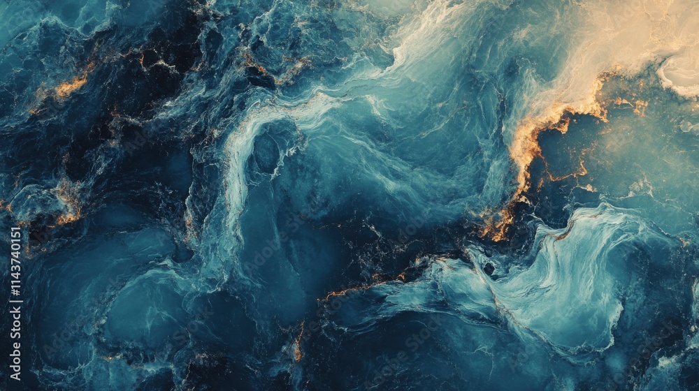Poster macro marble surface highlighting intricate blue and gold patterns resembling ocean waves and natura