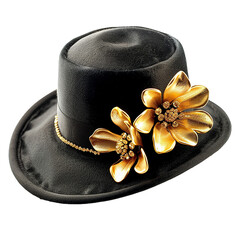 Elegant Black Ladies Hat with Gold Flower Detail and Rhinestone Accents