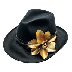Elegant Black Fedora Hat with Gold Flower Accent A Stylish and Sophisticated Headwear Accessory
