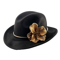 Elegant Black Fedora Hat with Gold Flower Detail and Metallic Band